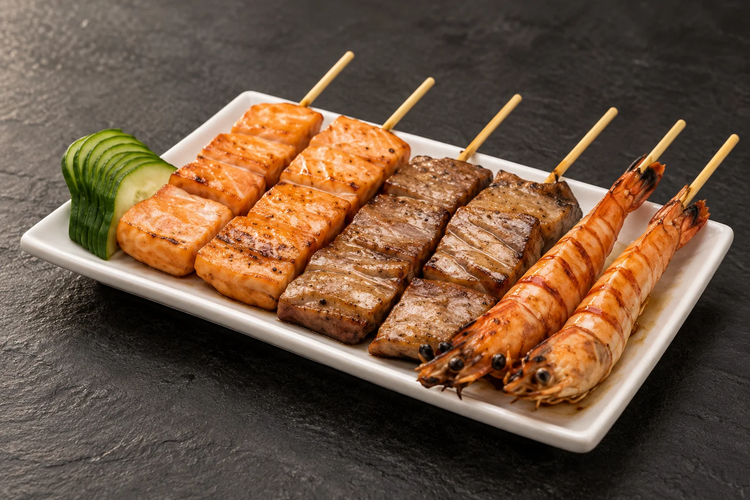 B3: skewers on a white rectangular plate, dark slate.
