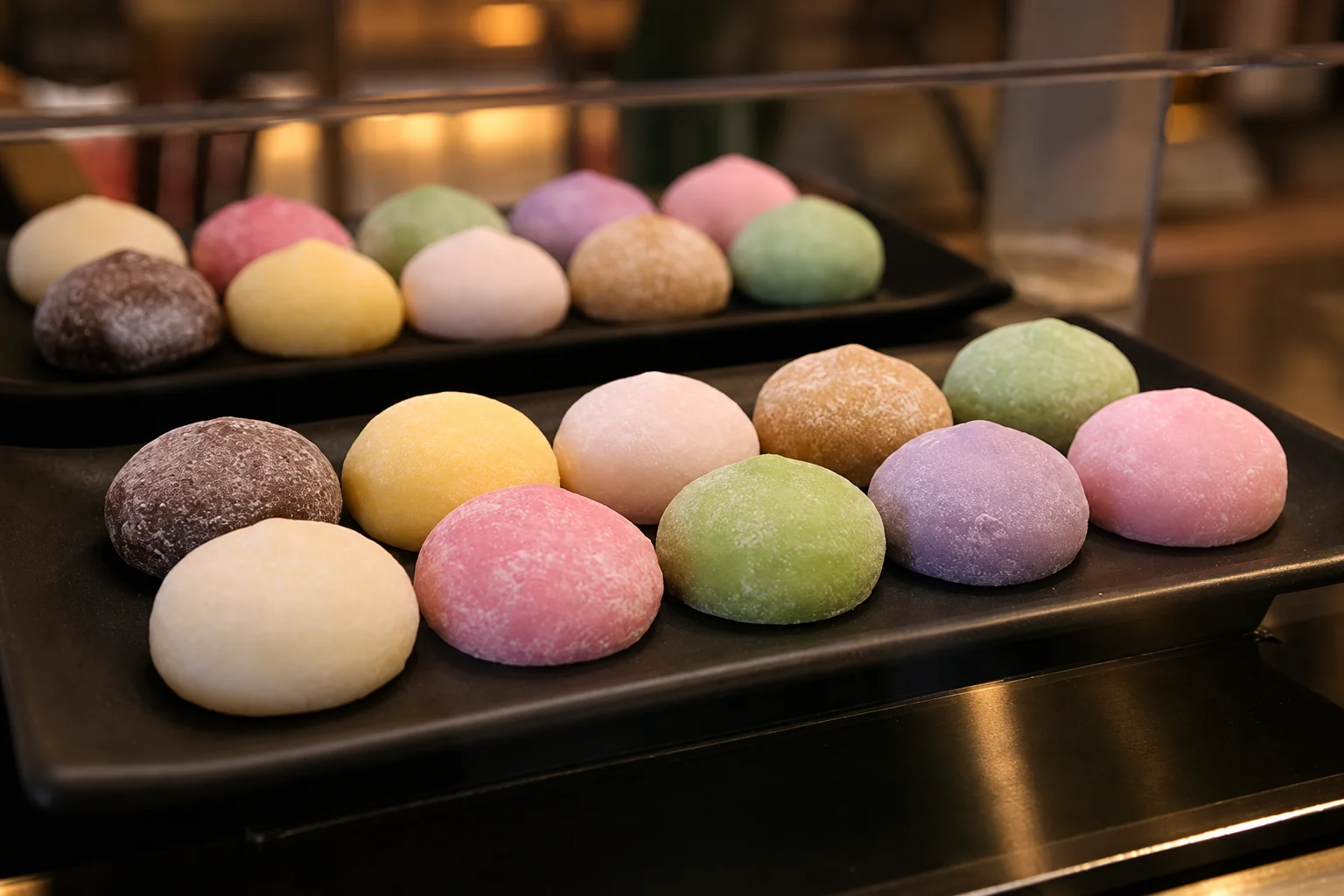 mochi glace on two black trays, dim light.