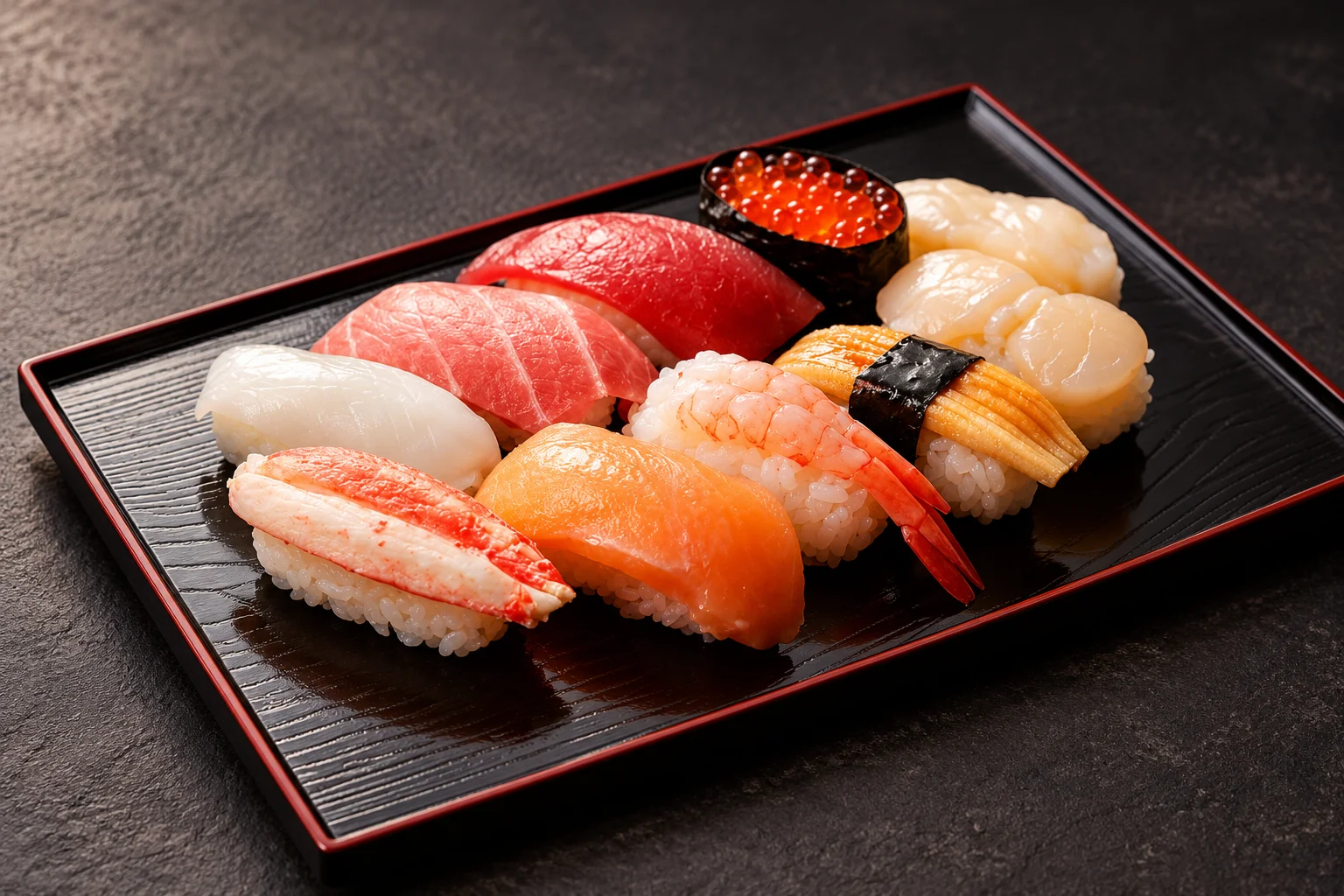 Assorted sushi on a black lacquered tray with a red rim, dark background.