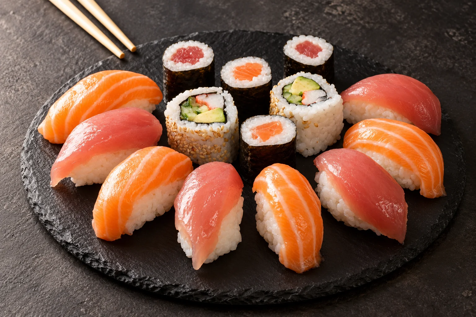 Salmon and tuna sushi, maki and california rolls on a dark slate.