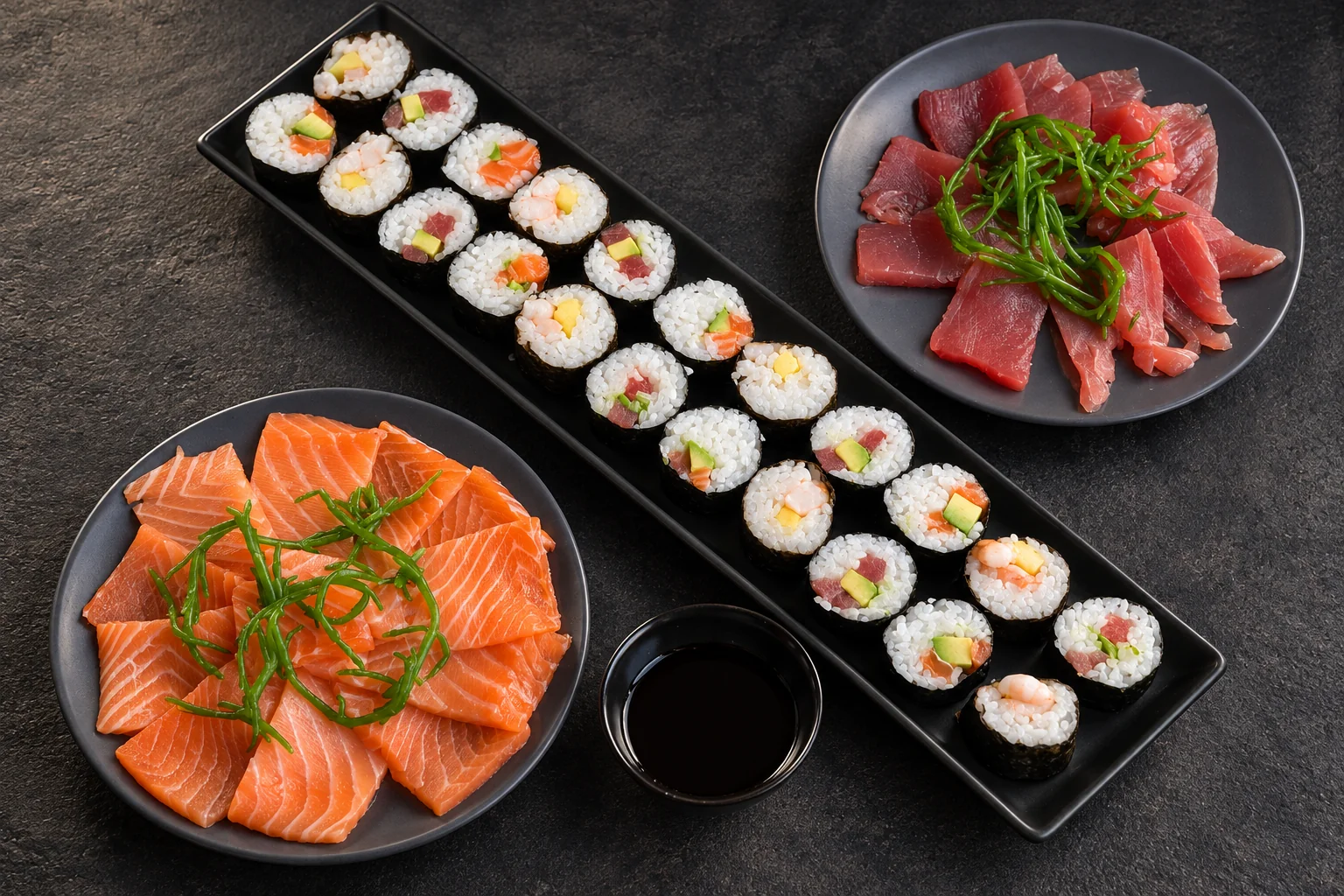 Maki on a rectangular dish, salmon and tuna sashimi with seaweed, a small dish of soy sauce.
