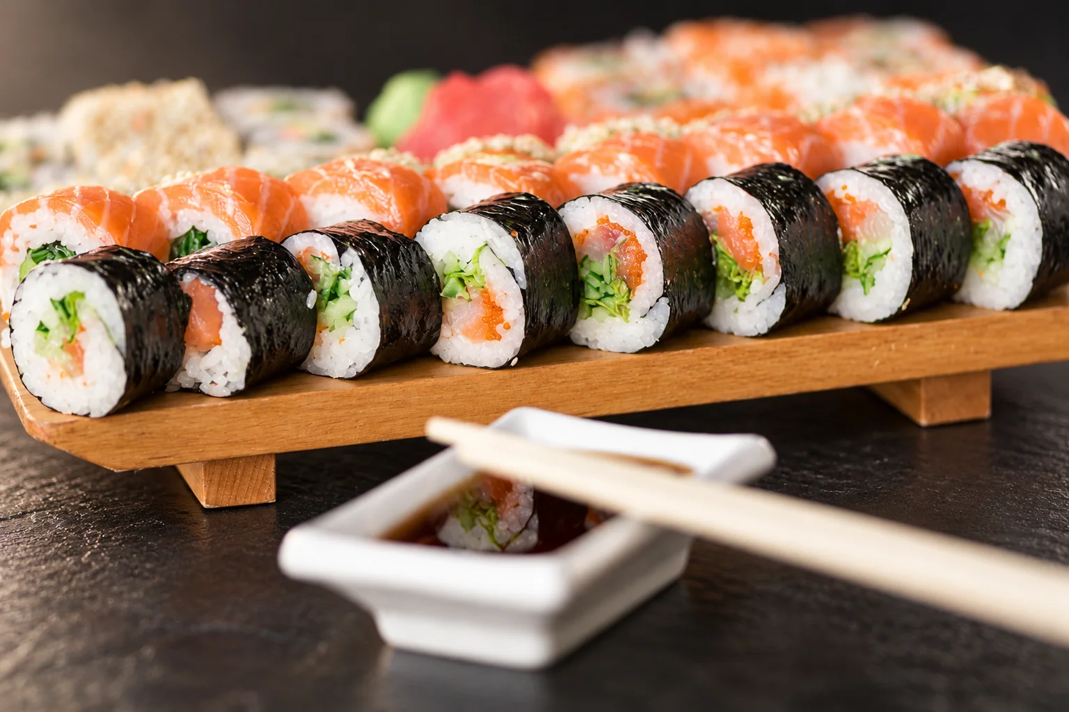 Maki on a wooden board, a white dish of soy sauce and chopsticks.